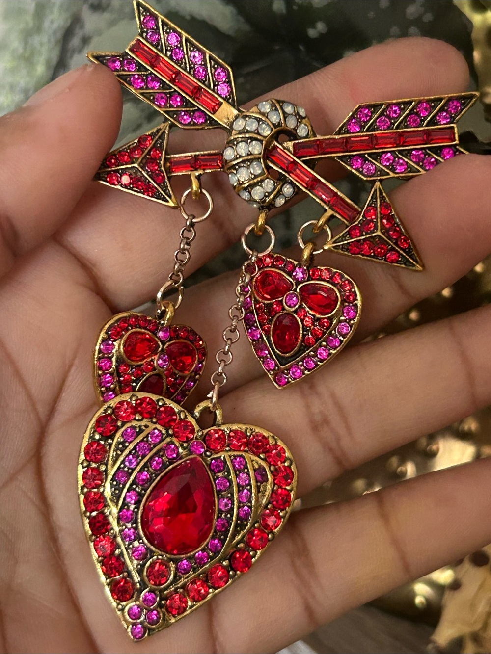 Gold-Tone Red & Pink Heart Drop Earrings